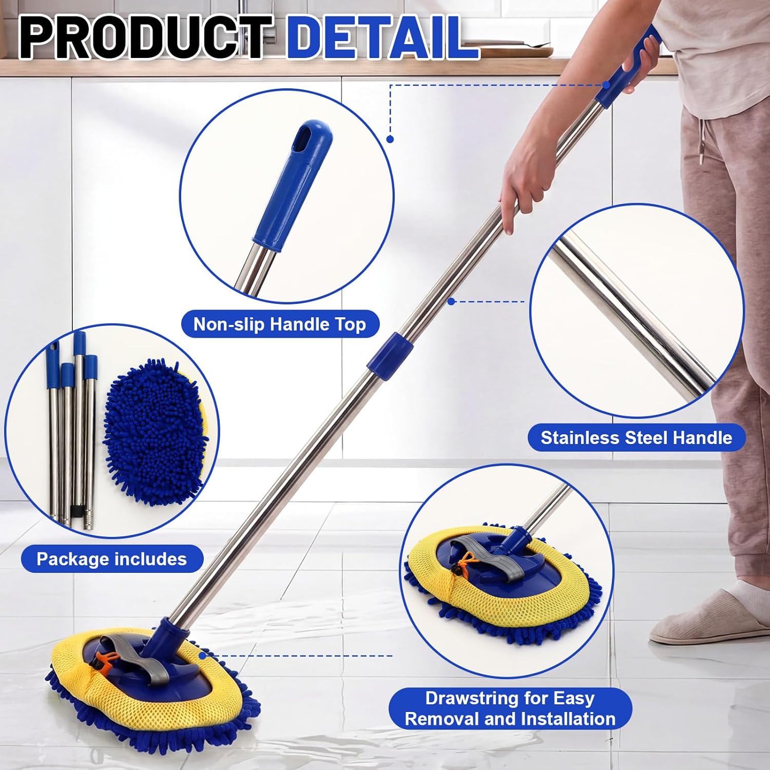 4 Pack 360° Spin Mop with 4 Microfiber Mop Refills, Extendable 63" Stainless Steel Handle for Easy Floor, Ceiling, Wall & Window Cleaning, Household Mops(Blue)