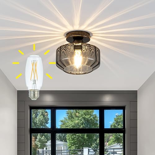 Miniatura 10 de Luces de techo semiempotradas simples y elegantes de vidrio transparente, base de metal de níquel cepillado, incluye bombilla LED de 900 lúmenes