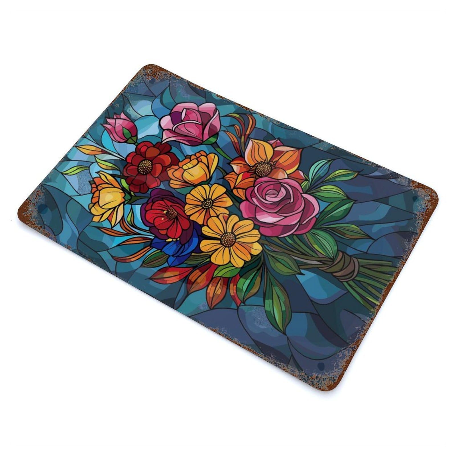 Aged Metal Wall Plaque with Flower Stained Glass Design 11.8"x7.9", for Farmhouse, Kitchen And Entryway Decor, Retro Wall Decor