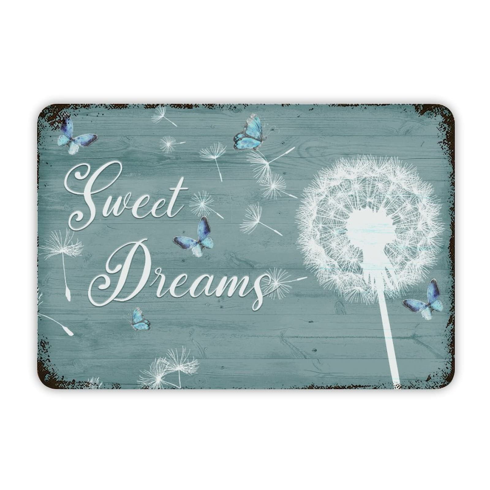 ENEDNATE Rustic Aluminum Sign Sweet Dreams Dandelions Butterfly Tin Metal Sign Retro Home Kitchen Room Wall Door Hanger Decor Sign 12x8 inch