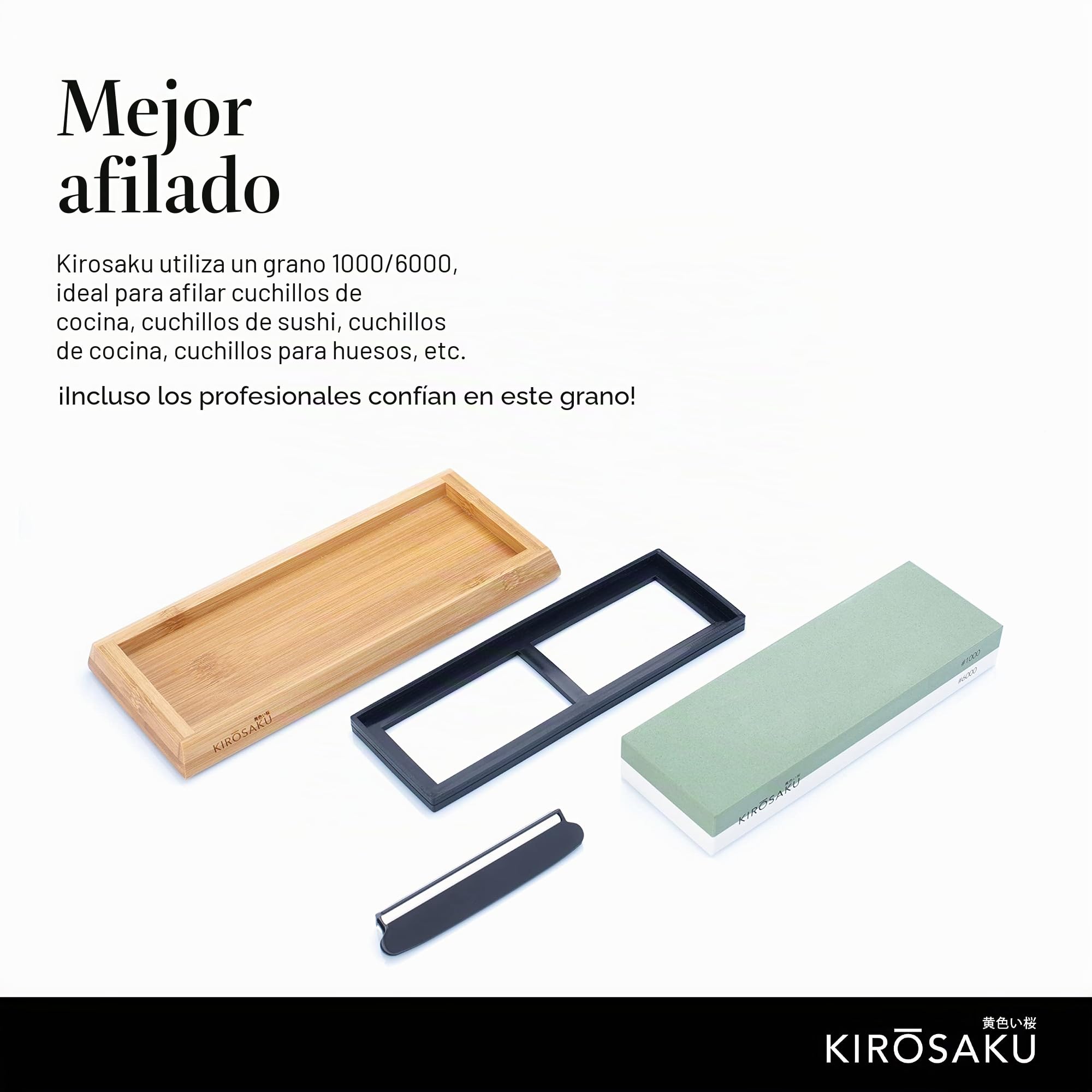 Piedra de afilar Kirosaku Premium 1000/6000 - Piedra de afilar Grain I para afilar y soporte de silicona antideslizante - Ideal para cuchillos de cocina en una elegante caja de almacenamiento