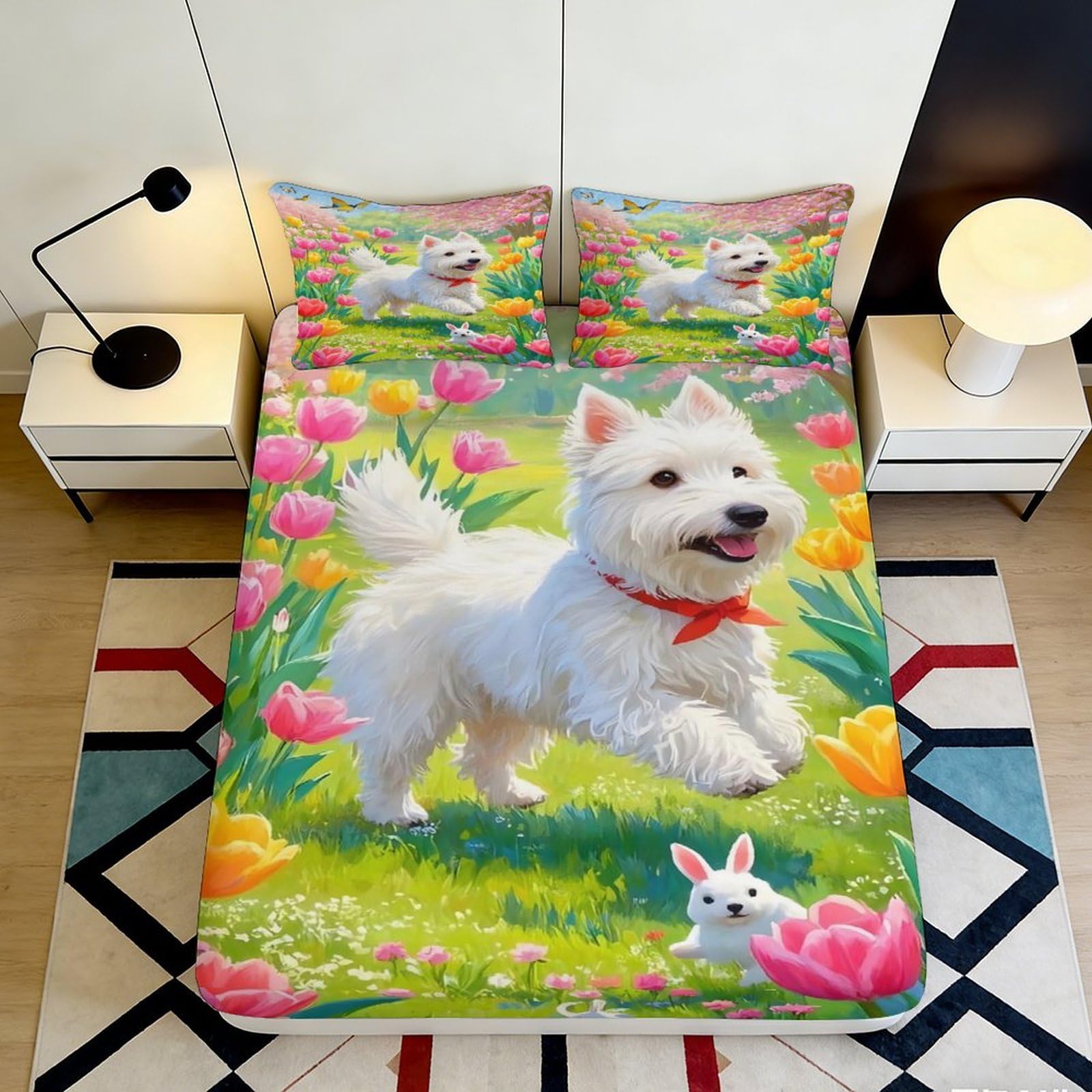 3D Printed White Dog Meadow Fitted Sheet Microfiber Soft Breathable Bunny Flowers Mattress Cover for Bedroom Decor 90x200x25cm