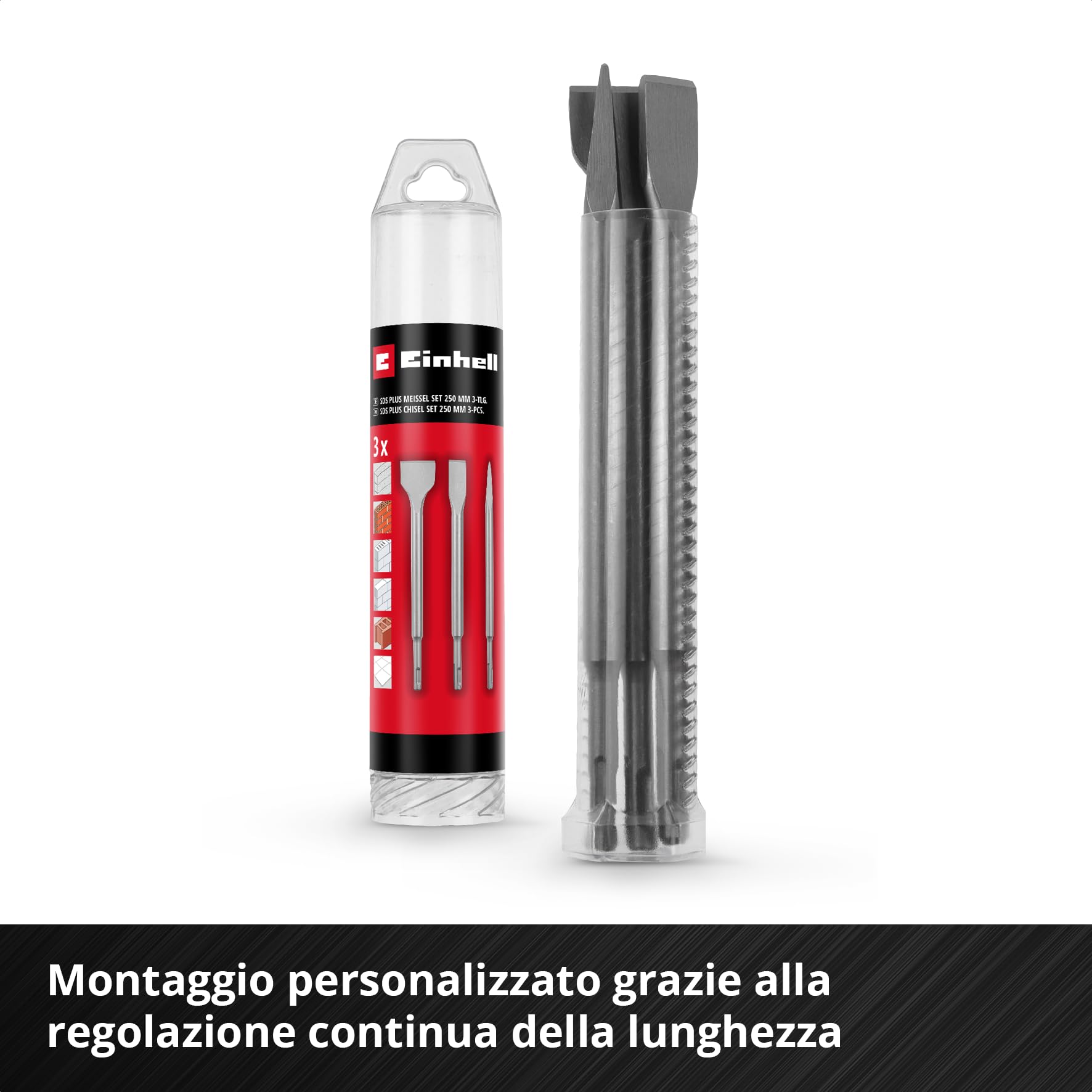 Originale Einhell set di 3 scalpelli SDS Plus, 250 mm (con punta, lama piatta larga 20 mm e lama da scavo larga 40 mm in acciaio 40Cr per lavori di demolizione e ristrutturazione)