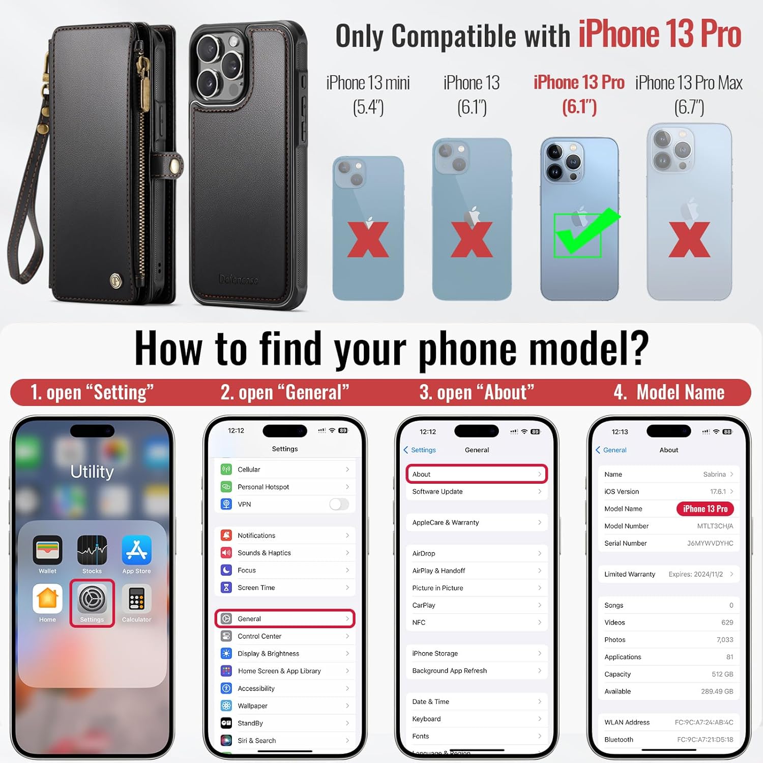 Defencase for iPhone 13 Pro Magnetic Wallet Case Compatible with Magsafe with RFID Blocking Zipper Strap Card Holder for Women, PU Leather Detachable Phone Case for iPhone 13 Pro (6.1 inches), Black