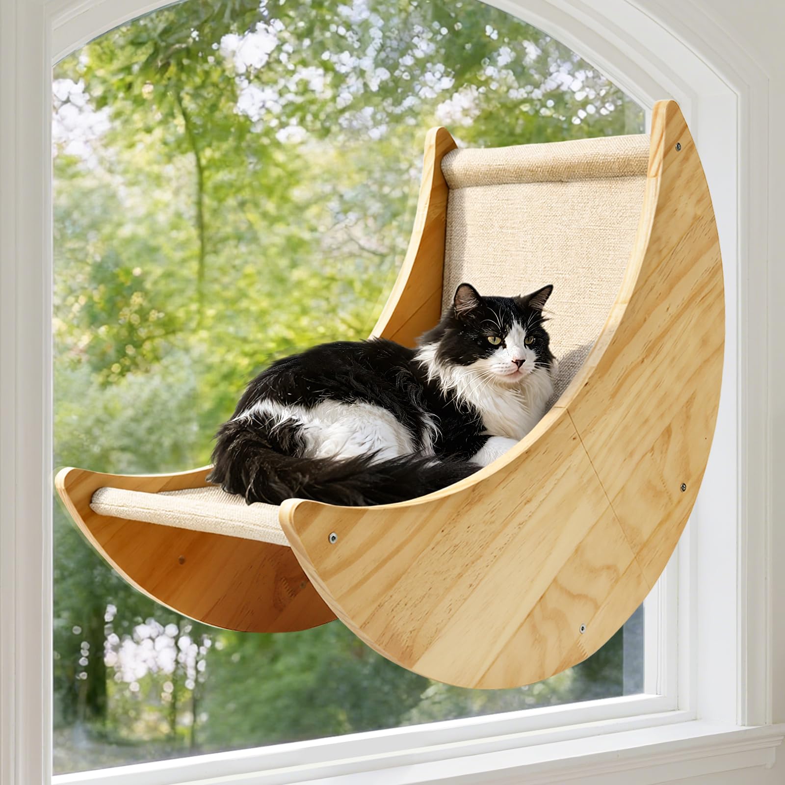 Amaca per gatti in legno, grande finestra per gatti con 4 ventose aggiornate, amaca per gatti in legno massiccio con design a forma di luna, sedile per animali domestici per gatti da
