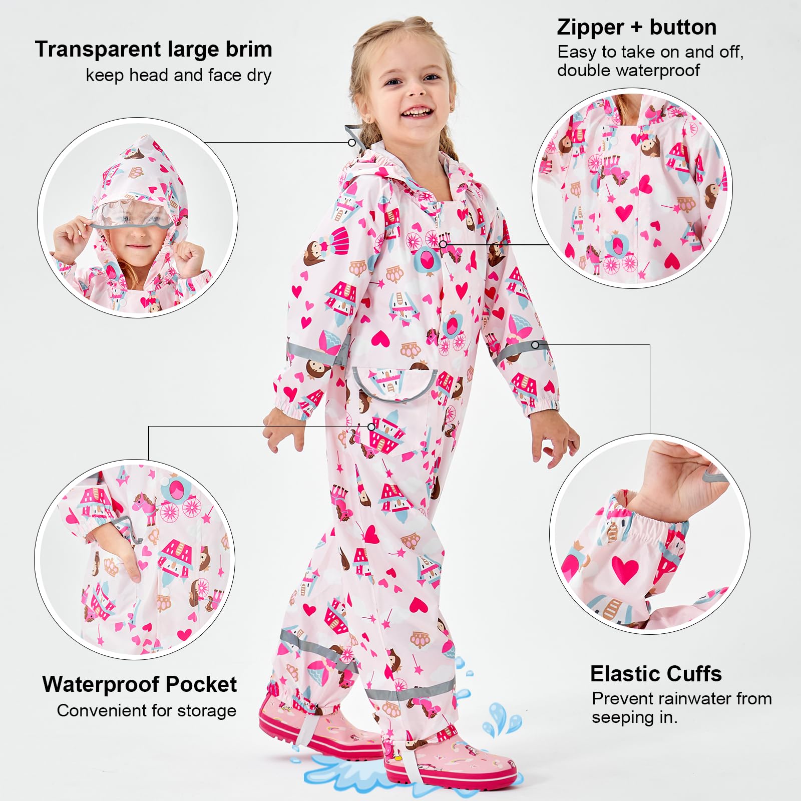 Combinaison de pluie Enfants Garçons Filles Imperméable á Capuche Pantalon Poncho de pluie Réutilisable Vetement Manteau de Pluie 1-10 Ans