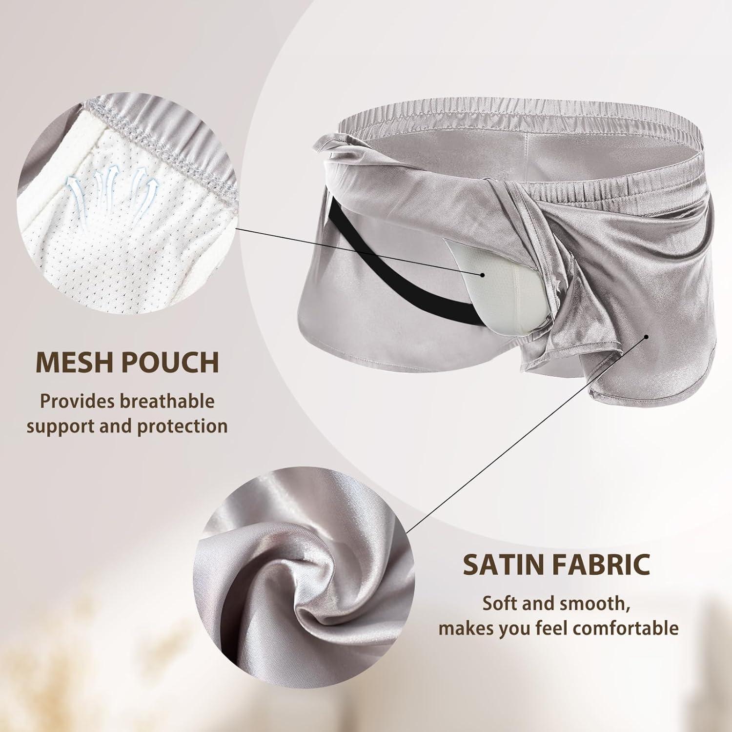 AMY COULEE Mens Sexy Satin Shorts Large Split Side Boxers Silky Pajamas Sleepwear with Pouch Liner - Image 2