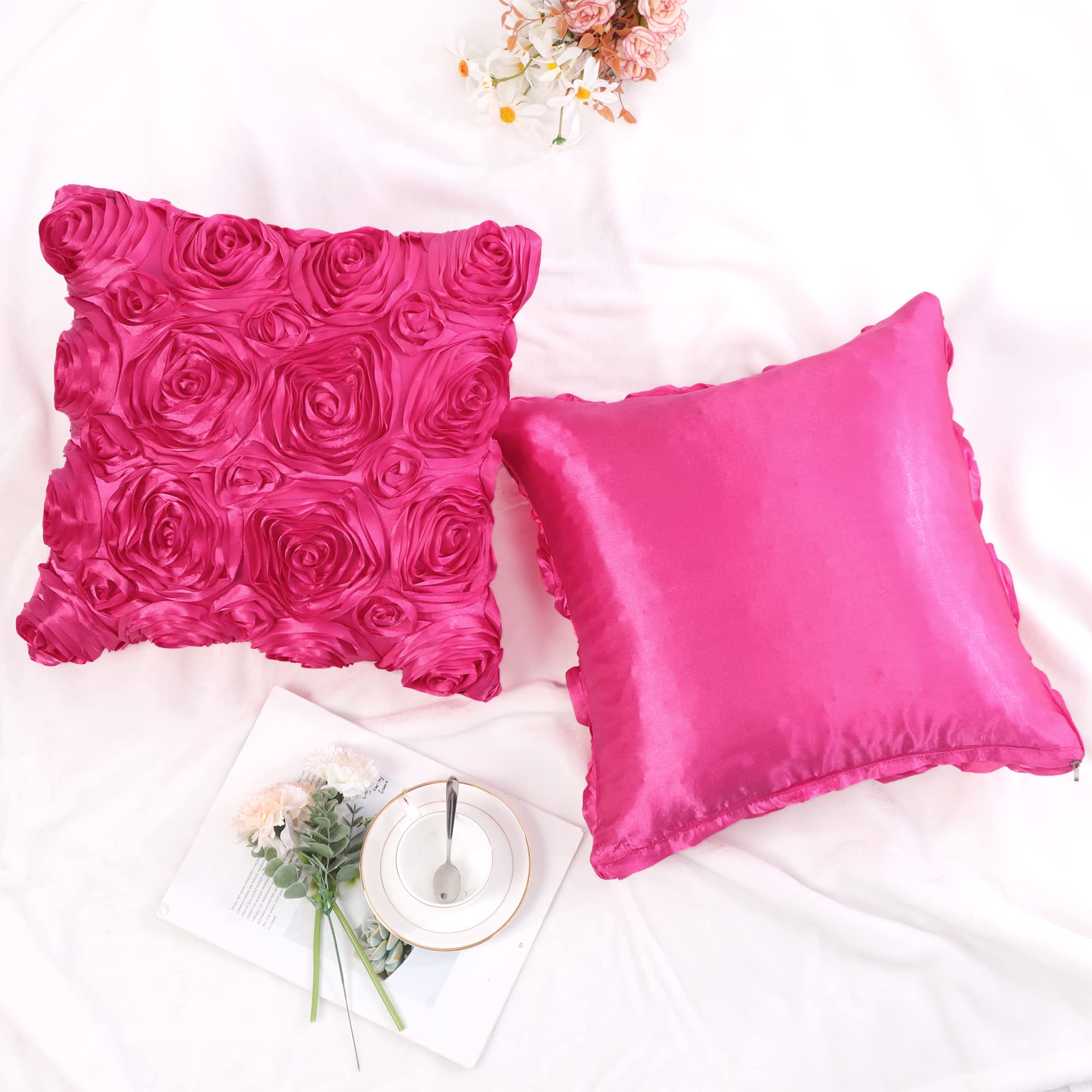 Juego de 2 fundas de almohada con diseño de flores 3D, románticas fundas de cojín decorativas de satén, funda de almohada con rosas estéreas, para cama, sofá, 16 x 16 pulgadas, color 9
