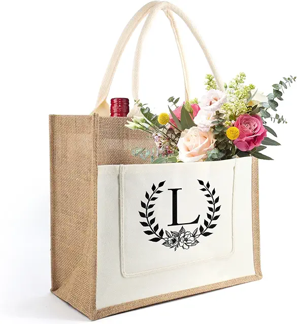 Sac Toile Jute Personnalisé avec Lettre et Fleurs - Grand Cabas Réutilisable