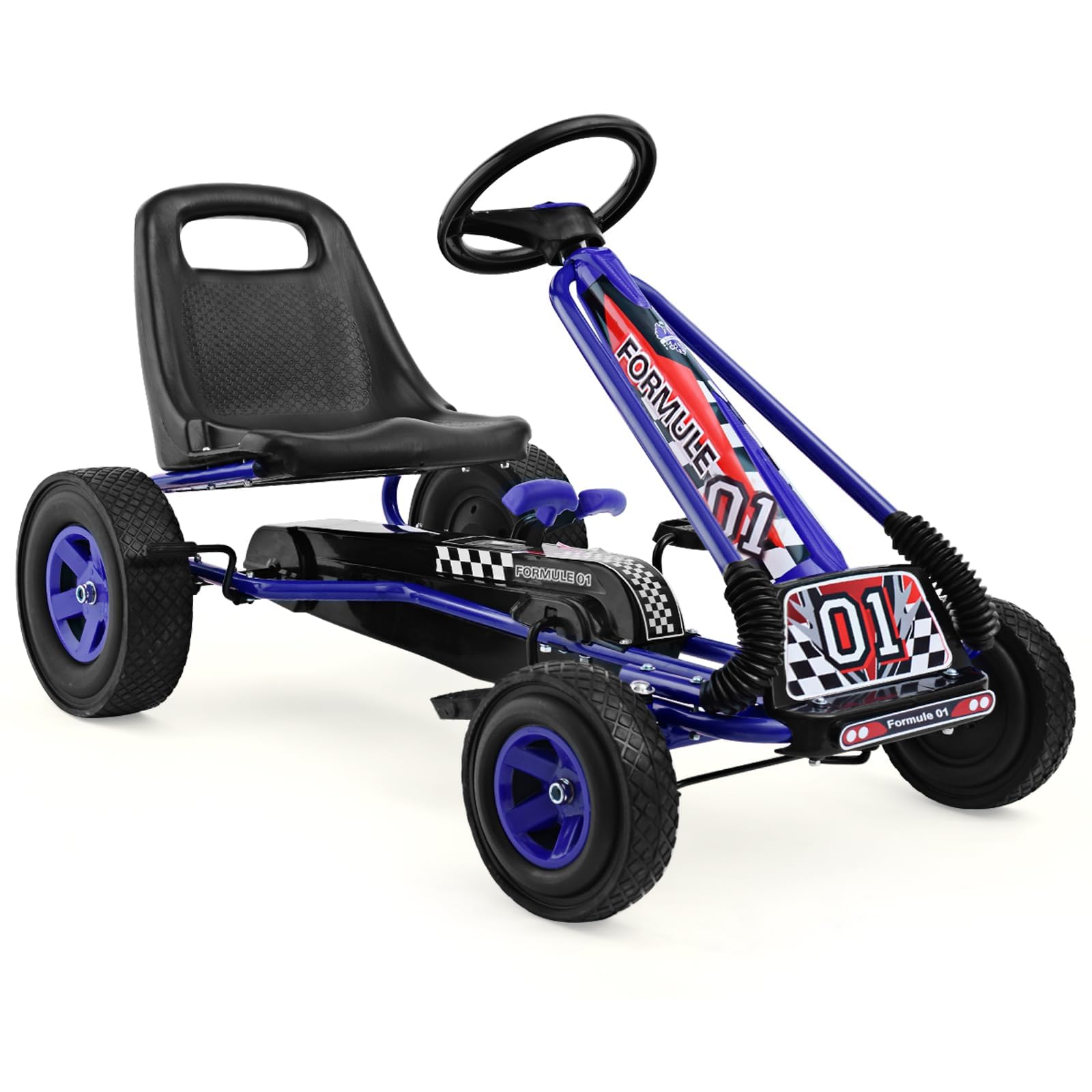 RELAX4LIFE Go Kart para Niños con Asiento Ajustable en 2 Niveles, 2 Pedales Antideslizantes y Freno de Mano, Coche de Pedales de PP con Ruedas de Goma, Adelante y Atrás, 101x61x62cm (Azul)
