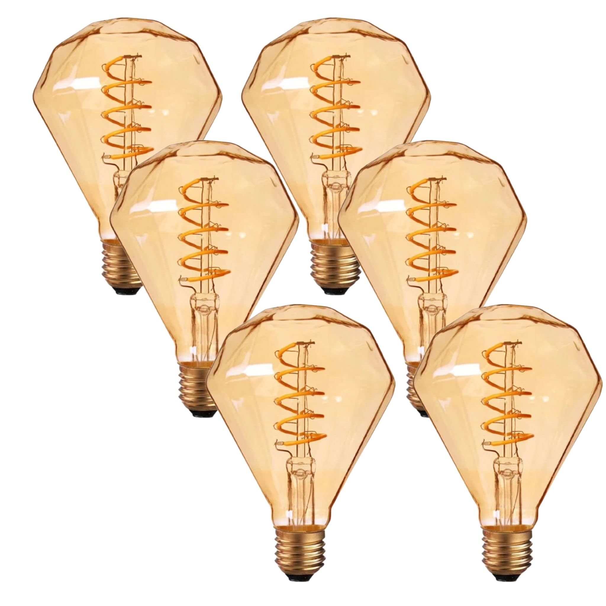 LEDSone Vintage LED E27 Decoraive Bulb, Edison Diamond 4W, G95 Spiral LED Filament Screw Non-Dimmable, Amber Glass Warm White 2700K Lighting Bulb, Pack of 6