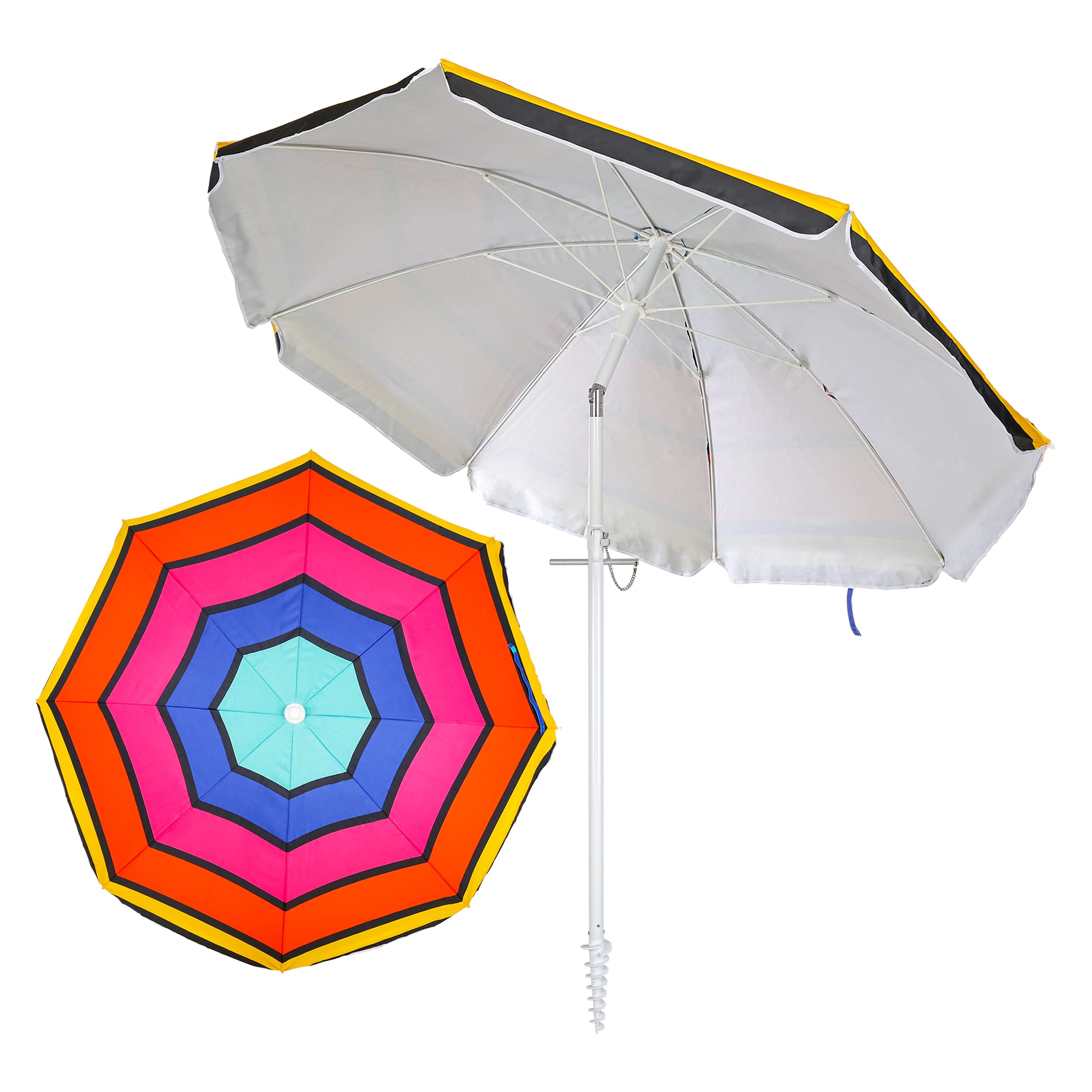 H HANSEL HOME Sombrilla de Playa Premium con Broca de Arena, Inclinable,Antiviento, Tubo Acero, Varillas de Fibra de Vidrio, Protección Solar UPF+50, 180cm, Multicolor
