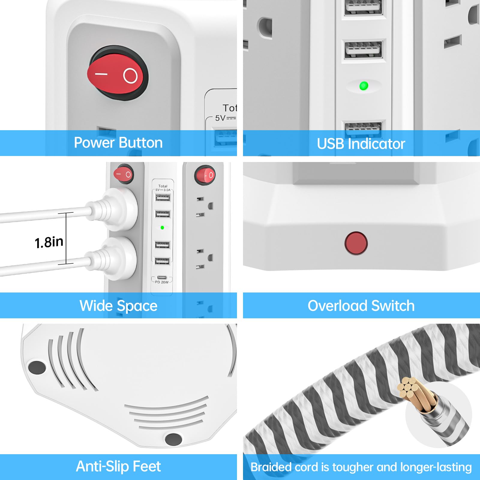 PD20W USB C - Regleta protectora contra sobretensiones, cable de extensión de 6 pies de largo
