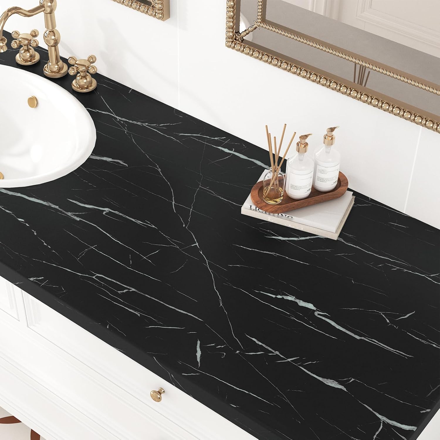 Wallercity Thick Black Marble Contact Paper for Countertops Matte Black Peel and Stick Wallpaper for Cabinets Waterproof Self Adhesive Marble Countertop Wall Paper for Kitchen Bathroom 15.8''x315''