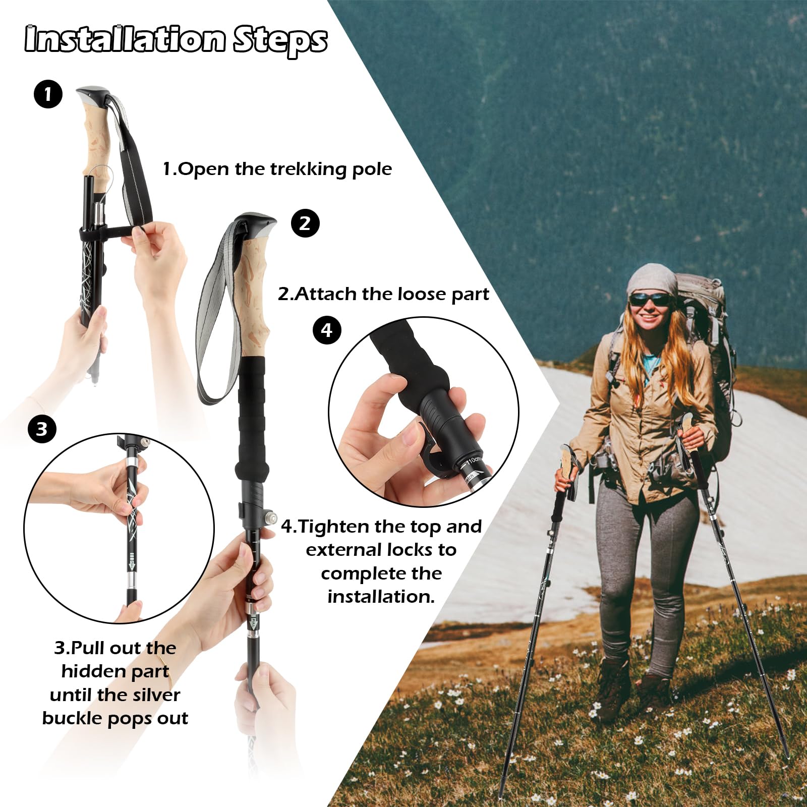 Bastoni Trekking, Bastoni Trekking Bastoncini da Trekking Pieghevoli e Antiurto 110-130cm in Alluminio Impugnatura in Eva per Donna e Uomo per Escursioni 1 Paio
