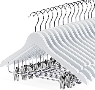 White Wooden Skirt Hangers with Clips 16Pack, Wooden Coat & Pants Hangers with Adjustable Metal Clips for Slacks, Jeans, Shorts, Jacket, Blouse, Clothes & Suit