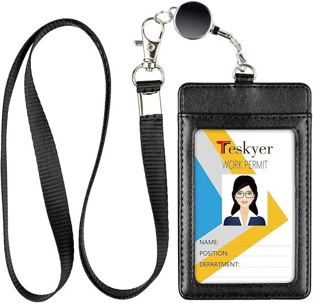 Teskyer Card Holder with Retractable Lanyard, Badge Holder with Clear Window and Holds 2 Cards, PU Leather, Vertical Card Holder for ID Cards, Offices, Schools, Bus Passes, Black
