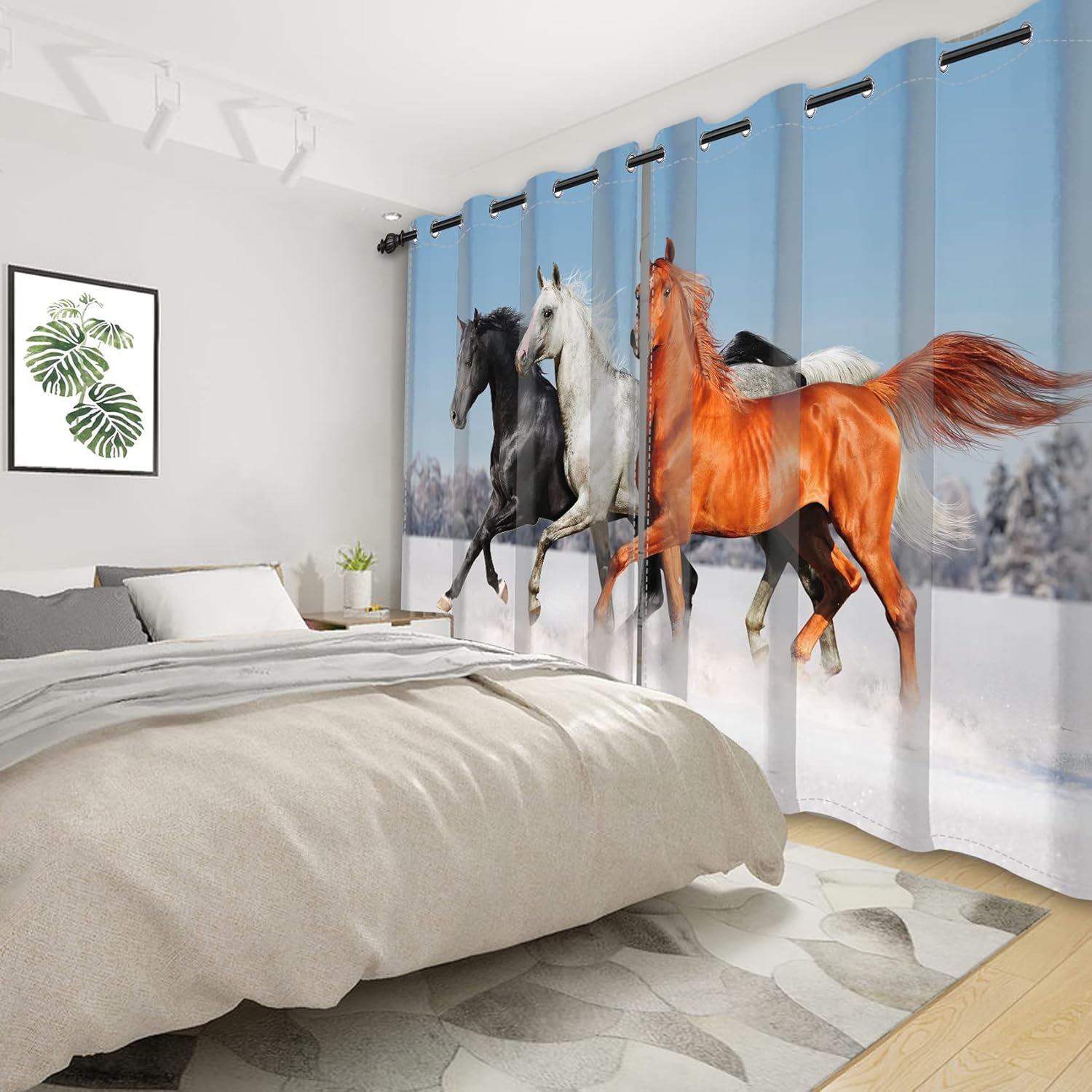 Yeele 42x84inches Horse Window Curtains Black White Brown Horse Running on The Snow Field Natural Landscape Window Drapes 2 Panels Set Grommet Window Treatments for Boys Men Bedroom Home Decor