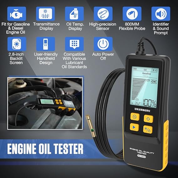 Engine Oil Tester Gasoline & Diesel Engine Oil Quality Tester Analyzer Detector High-precision Car Engine Oil Diagnostic Tool with 50inch Flexible Probe,Identifier&Sound Prompt,2.8in Backlight Display