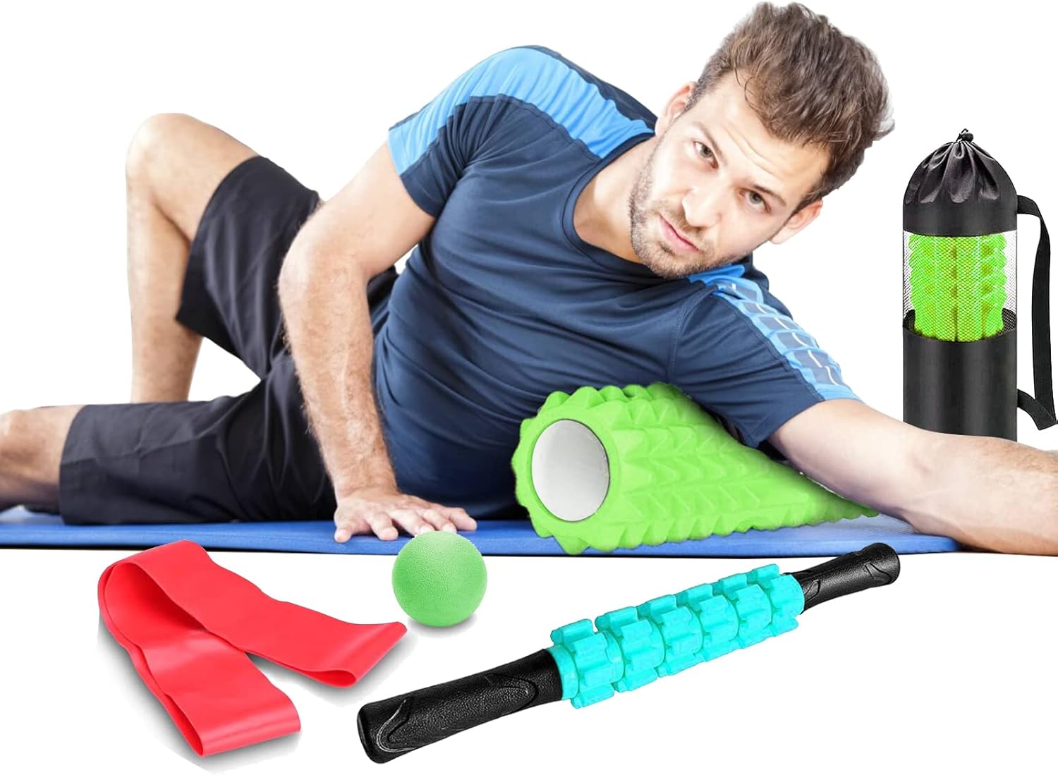 フォームローラー 筋肉ほぐし 筋膜リリース ストレッチ スティック ヨガポール 筋膜ローラー式セット フィットネス トレーニング器具 ストレス解消 筋肉 痛改善トレーニング補助器具 収納袋付き グリーン