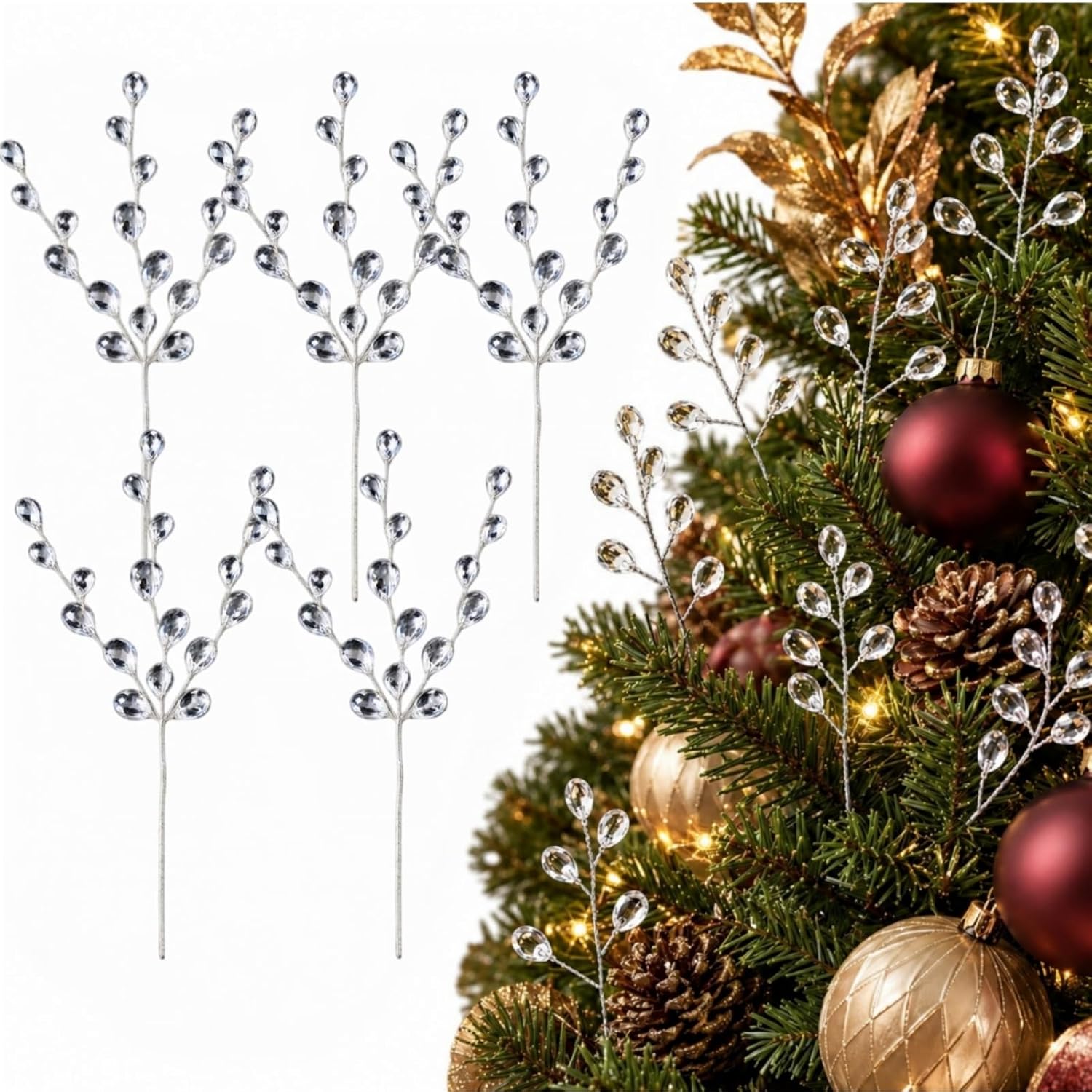 Crystal Christmas Tree Picks, Crystal Branches Stems,5pcs