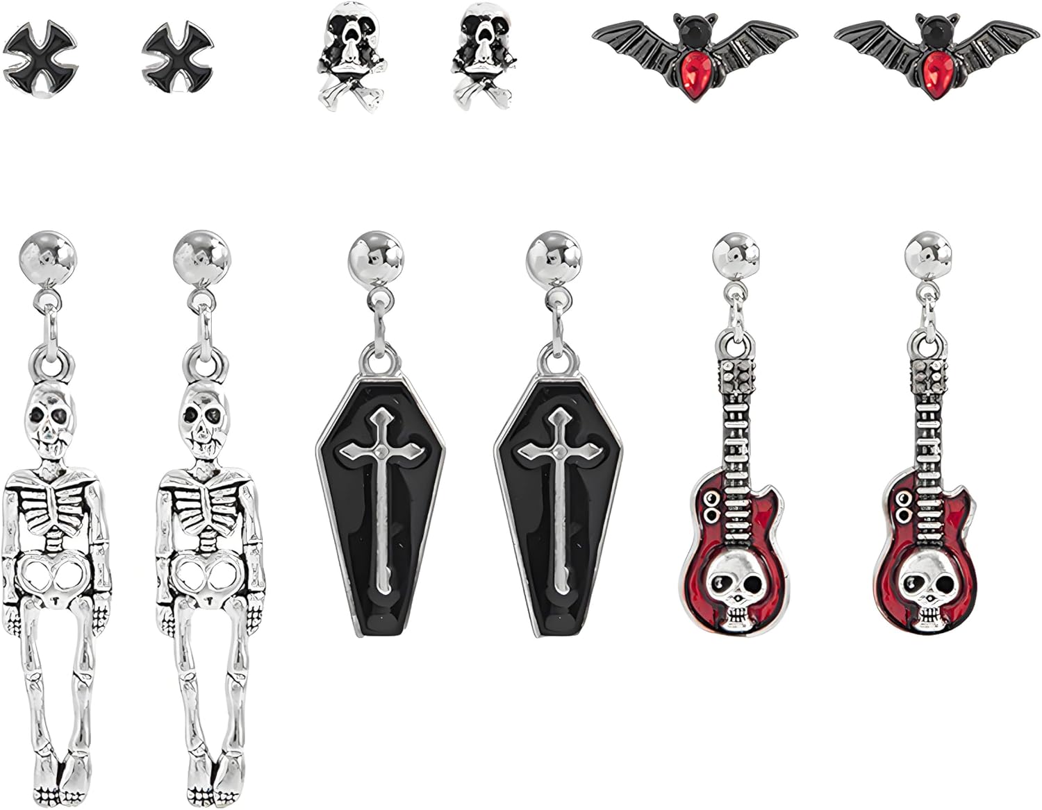 6Pairs Halloween Earrings Set for Women Gothic Punk Vampire Skeleton Bat Spider Silver Earrings Halloween Cosplay Party Jewelry Accessories
