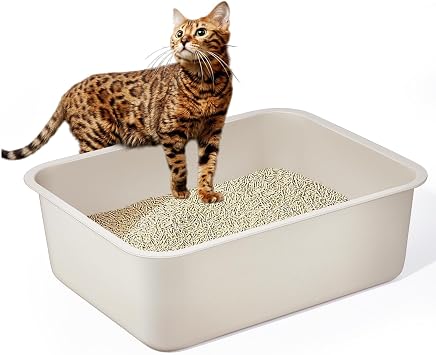 Stainless Steel Cat Litter Box - Metal High Sided Cat Pan, Large Khaki Gray Stainless Steel Box, Indoor Litter Tray, Non Stick, No Smell, Easy to Clean, Pet Toilet Supplies for Kitten, Kitty, Rabbit