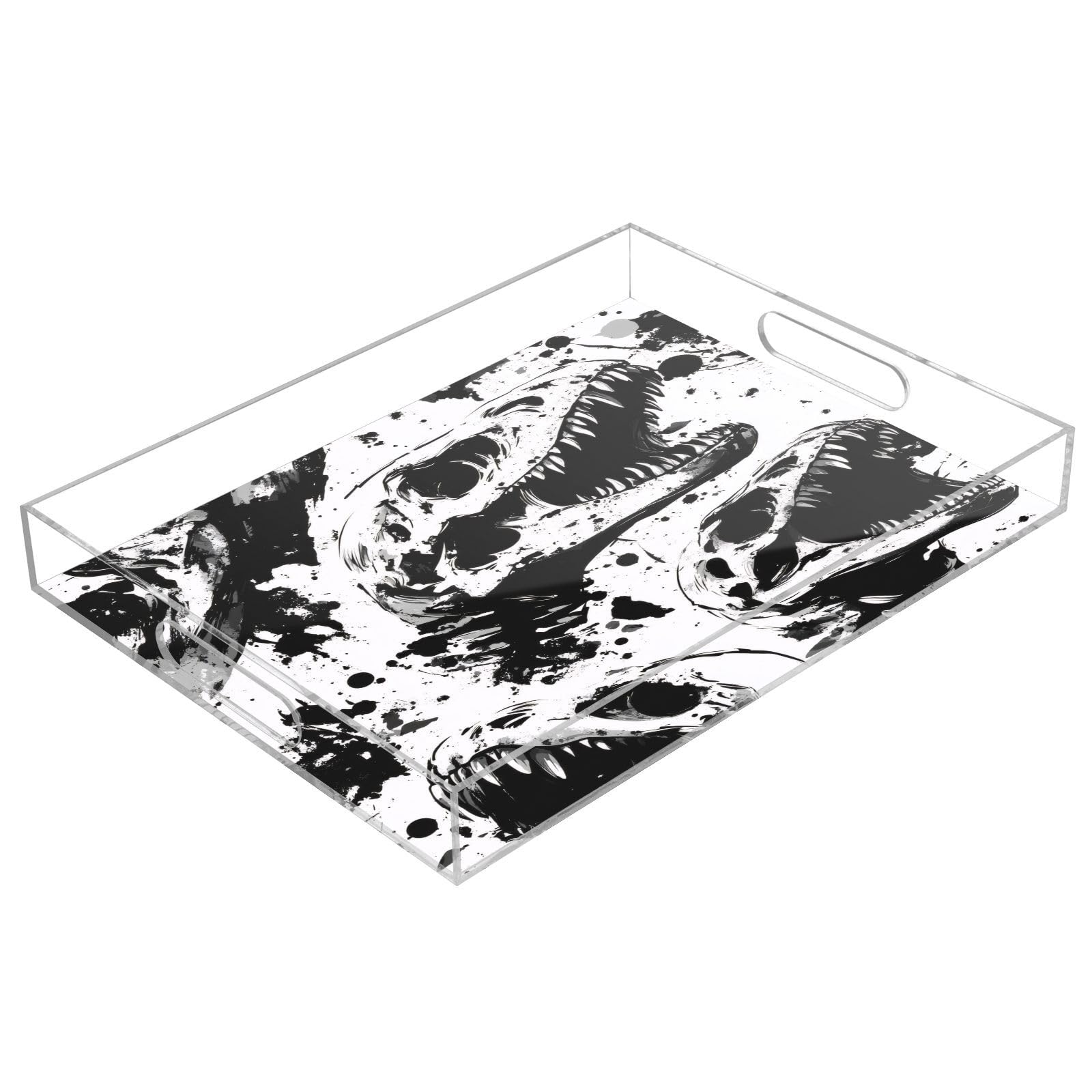 Msyxl Dinosaur Skull Serving Tray for Coffee Table, Decorative Acrylic Tray Dinosaur Skull Tray with with Handles for Breakfast, Ottoman, Countertop, 12x16 in