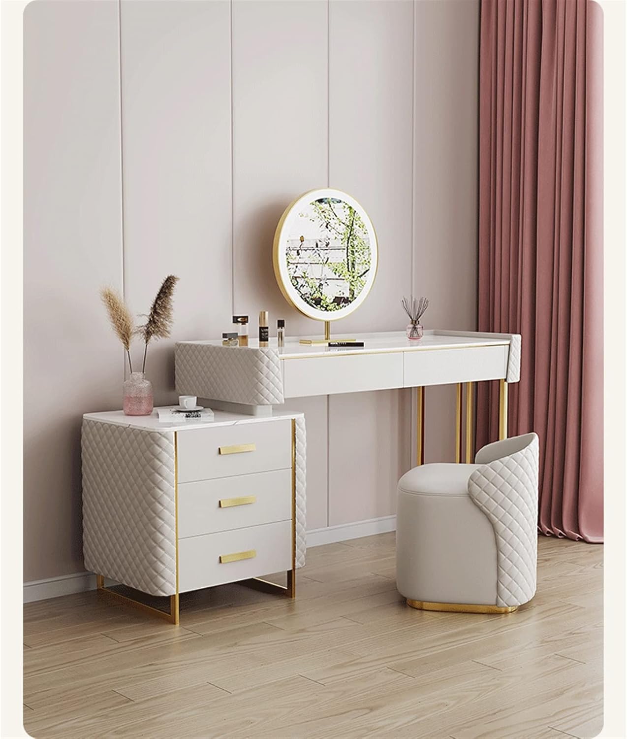 Vanity Dressing Table Set Luxury Makeup Bench with 3 Colors Led Hd Mirror,Comfortable Stool Drawers Cabinet,Modern Simple Style,for Girl's Gift (Size : 80cm) ()