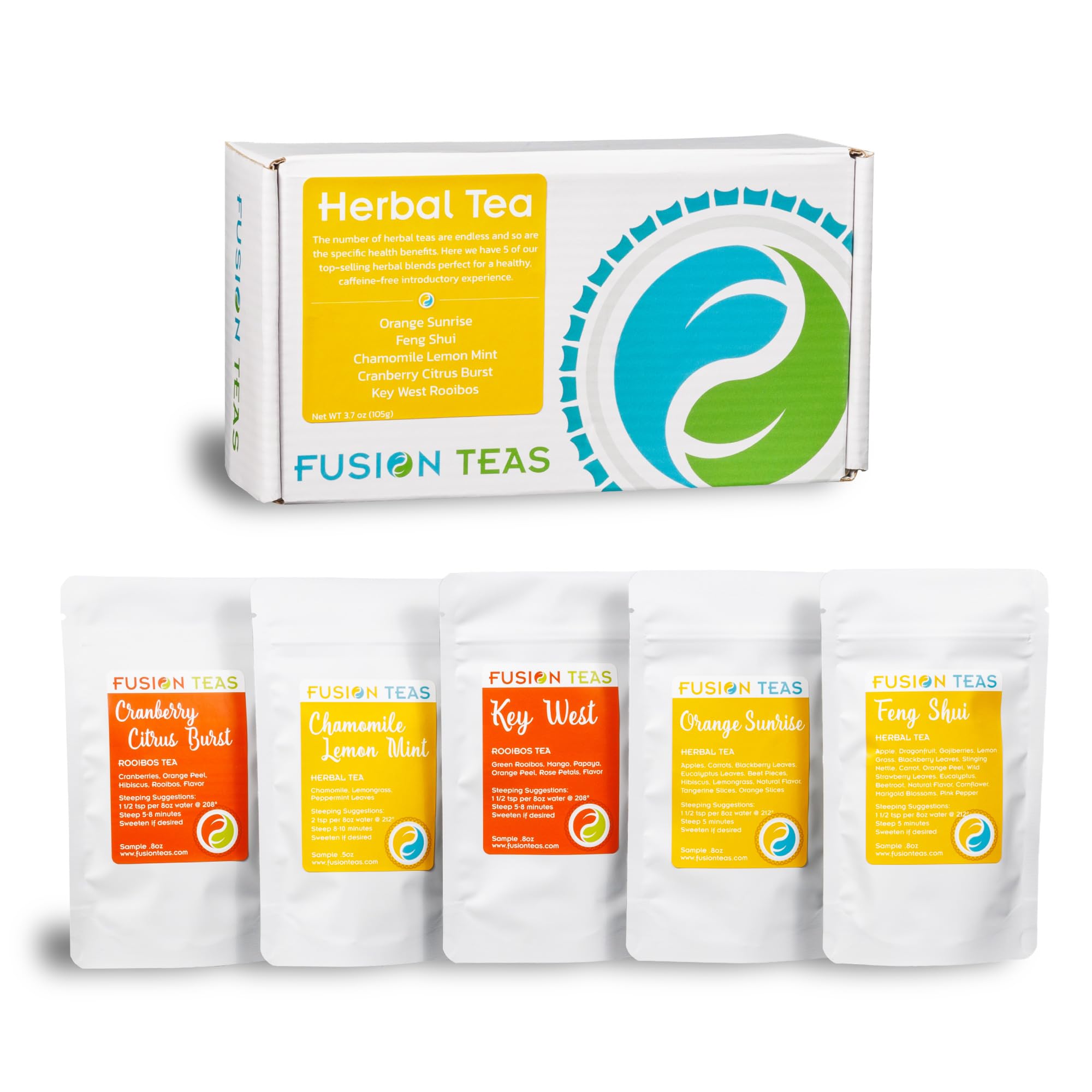 Herbal Tea Sampler Set, An Assortment of Naturally, Caffeine-Free Herbal Infusions, Each sample makes 8-10 Cups, Orange Sunrise, Feng Shui, Chamomile Lemon Mint, Cranberry Citrus Burst, and Key West Rooibos by Fusion Teas