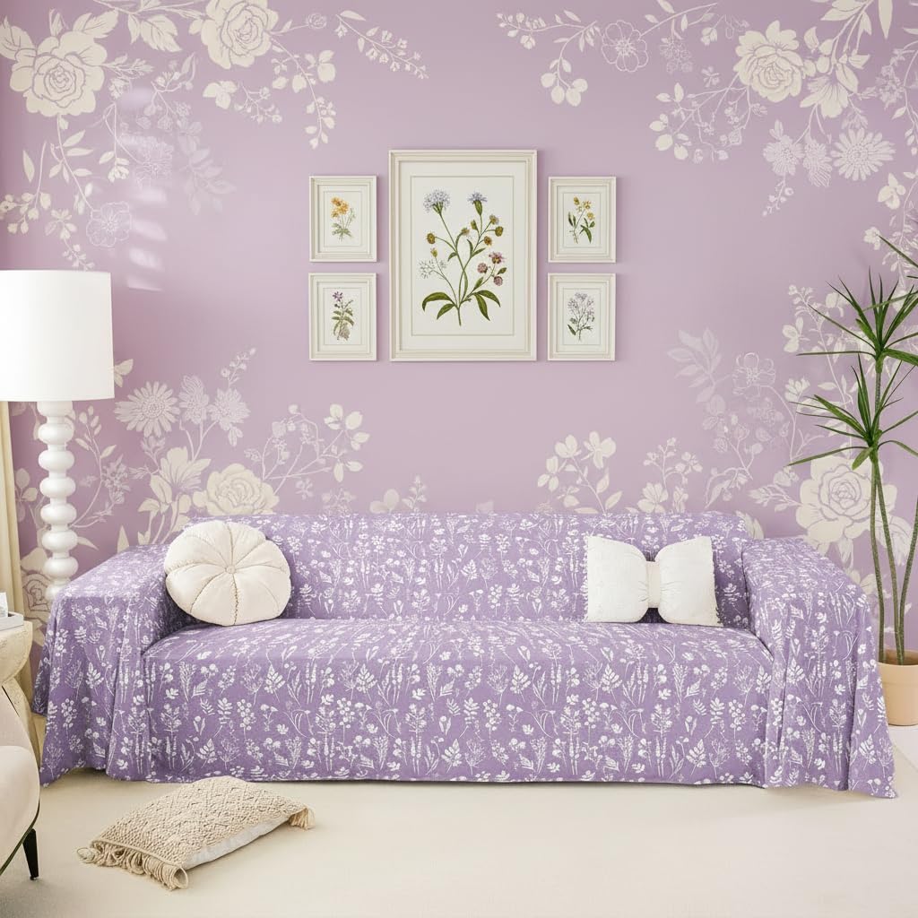 Erosebridal Flowers and Plants Couch Protector Light Purple Quilted Sofa Cover Chic Small Floral Sofa Cover Washable Non Slip Bohemia Botanical Couch Slipcovers 71" x 118"