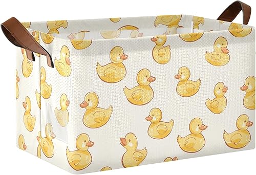KLL Hand-painted Cartoon Yellow Duck Foldable Storage Baskets Fabric Storage Bins with Handles Closet Organizers for Shelves Closet Toys Books 2 Pack