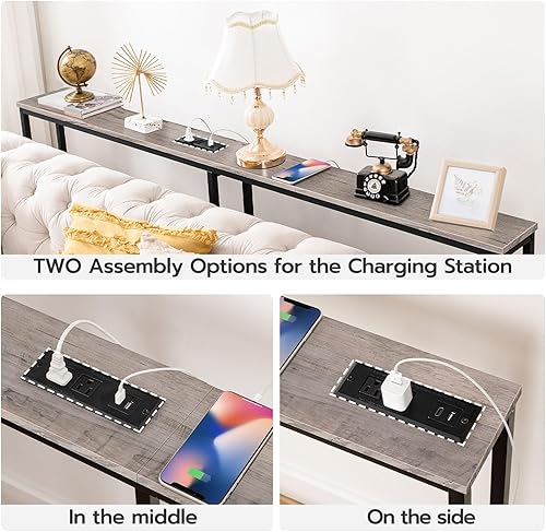 Miniatura 6 de HOOBRO Mesa consola estrecha de 63 pulgadas con estación de carga, mesa de sofá de 5.9 pulgadas con 2 tomas de corriente y puertos USB, mesas de