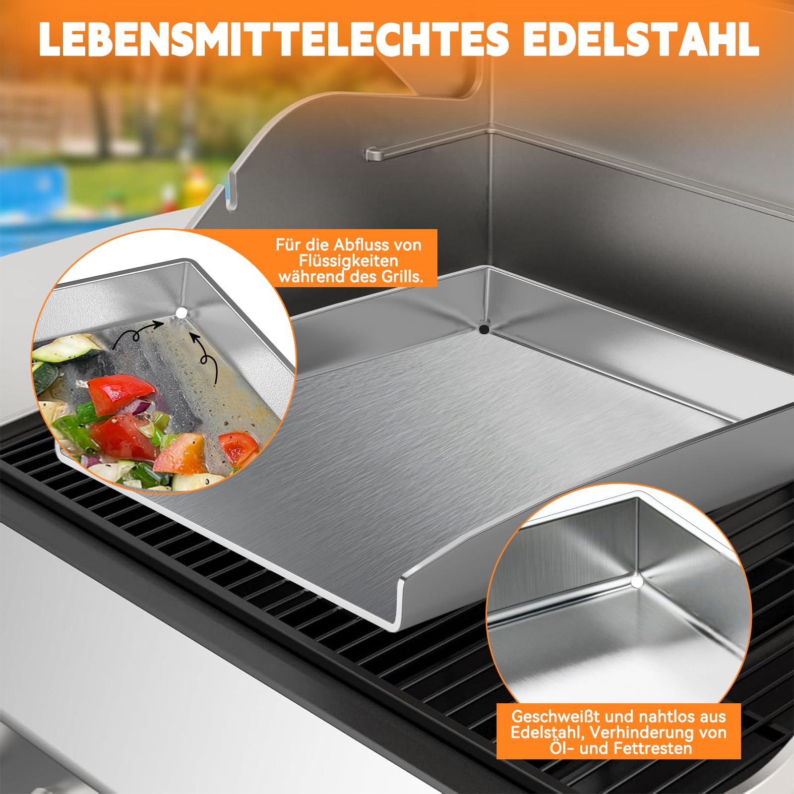 Universelle Edelstahl Plancha Grillplatte 40.5×31CM mit 5MM verdickt | mit Fettablauf, Spülmaschinenfest inkl. für BBQ Gasgrill & Kohlegrill Geeignet