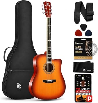 Pyle Steel String Acoustic Guitar Kit, 4/4 Full Size Cutaway All-Wood Guitarra Acustica with Premium Accessory Set and Upgraded Gig Bag, 41" Cherry Burst, Glossy