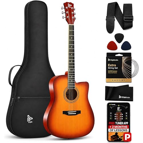 Pyle Steel String Acoustic Guitar Kit, 4/4 Full Size Cutaway All-Wood Guitarra Acustica with Premium Accessory Set and Upgraded Gig Bag, 41" Cherry Burst, Glossy