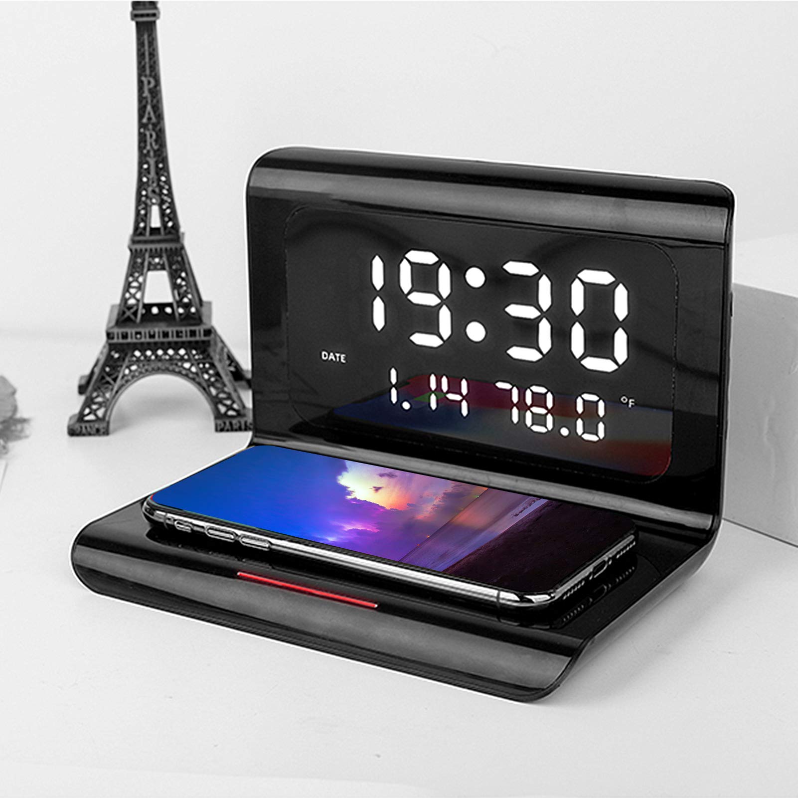 ASHATA Stazione di Ricarica Wireless con Sveglia,Sveglia Digitale da Comodino con Display a LED,Pad Caricatore con Abbinamento Automatico Wireless Veloce per Smartphone,Nero