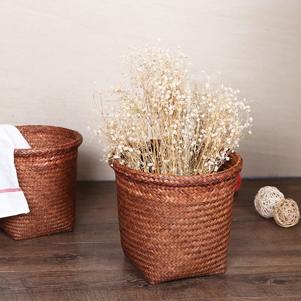 NUOBESTY 1pc Handwoven Straw Wastebasket Rustic Decorative Trash Can for Home Office and Bathroom Multi-Functional Woven Storage Bin