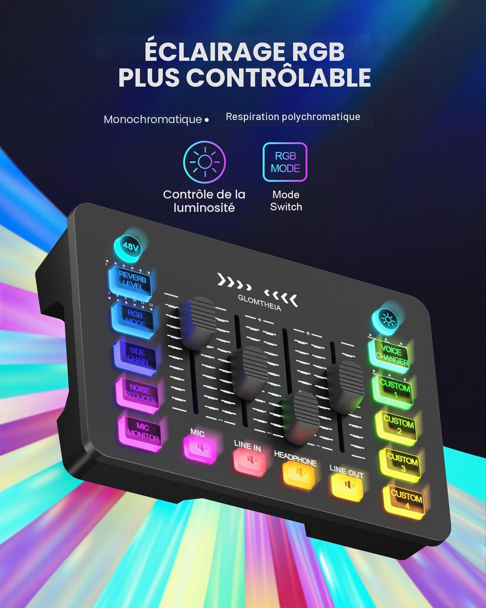 Carte son de jeu Interface audio Changeur de voix pour PC PS4 PS5 Mixeur de streaming Table de mixage compatible avec microphone à condensateur XLR/dynamique