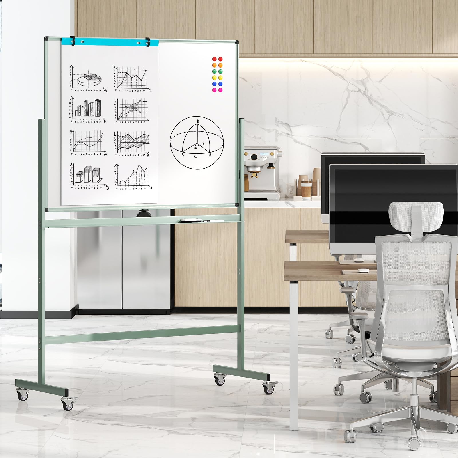 GOPLUS 120x90cm Mobiles Whiteboard mit Ständer & Flipchart, Höhenverstellbares doppelseitiges Whiteboard mit abschließbaren Rollen, um 360° drehbare magnetische Tafel mit Alurahmen & Zubehör(Grün)