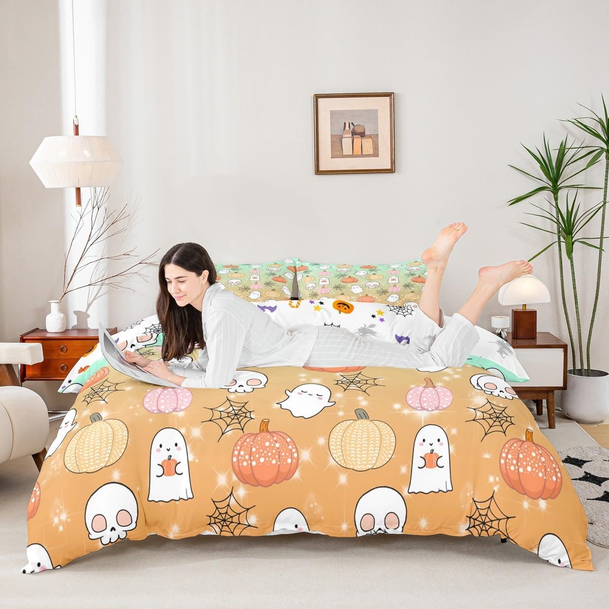 Kids Halloween Duvet Cover Set King Size,Cartoon Bat Pumpkin Lantern Skull Ghost Comforter Cover,Cute Star Spider Web Bedding Set for Girls Teens Boys Gradient Green Orange Quilt Cover,2 Pillowcase