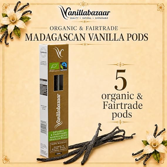 Sustainable, Organic & Fairtrade Madagascan Grade A Beans | 5 Bourbon Premium Vanilla Pods | Resealable Tube for Chefs & Home Baking/Cooking | Vanillabazaar