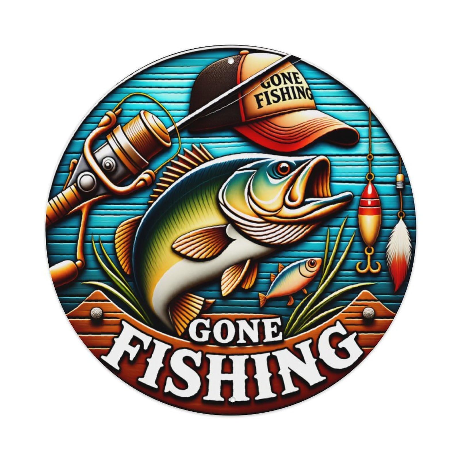 Ldfuieksufg Style Gone Fishing Vintage Bass Fishing Round Metal Sign Vintage Aluminium Metal Sign, Retro Wall Decor For Home, Bar, Garage & Farmhouse 20X20cm