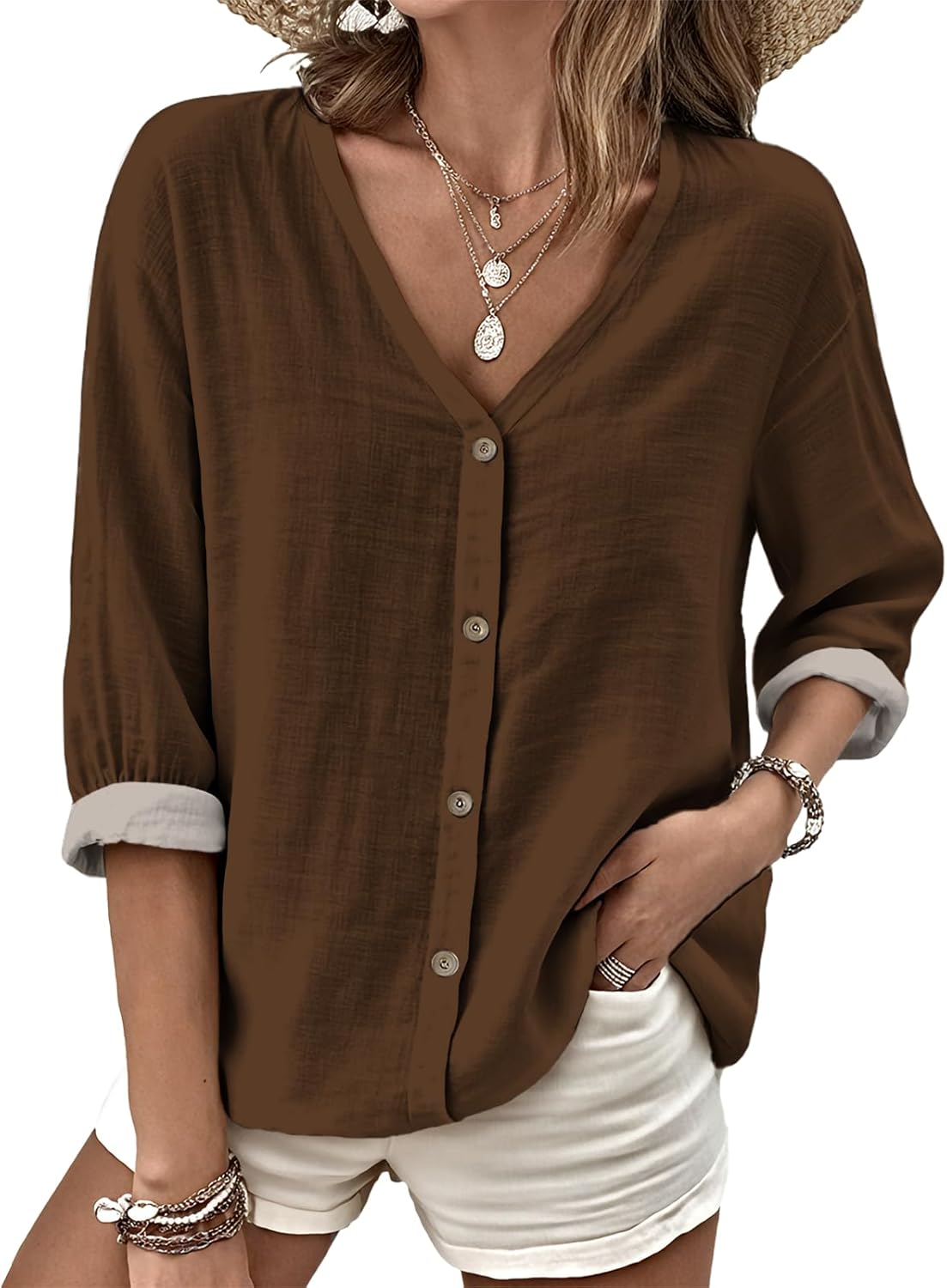 Long Sleeve Button Up Shirts for Women Brethable Fashion V Neck Solid Shirts for Wo...