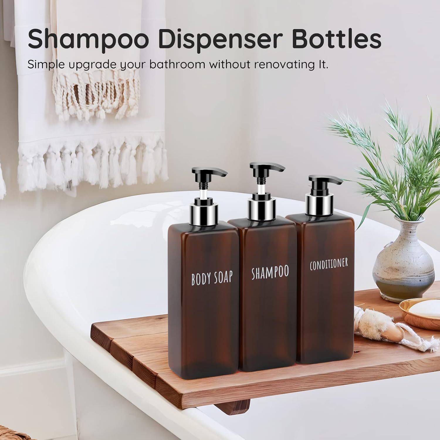 Segbeauty Shampoo and Conditioner Dispenser, 3 Packs 16.9oz Refillable Bathroom Soap Dispenser Set, 500ml Plastic Square Shower Press Pump Bottles Liquid Lotion Dispenser for Kitchen Sink Amber - Image 7