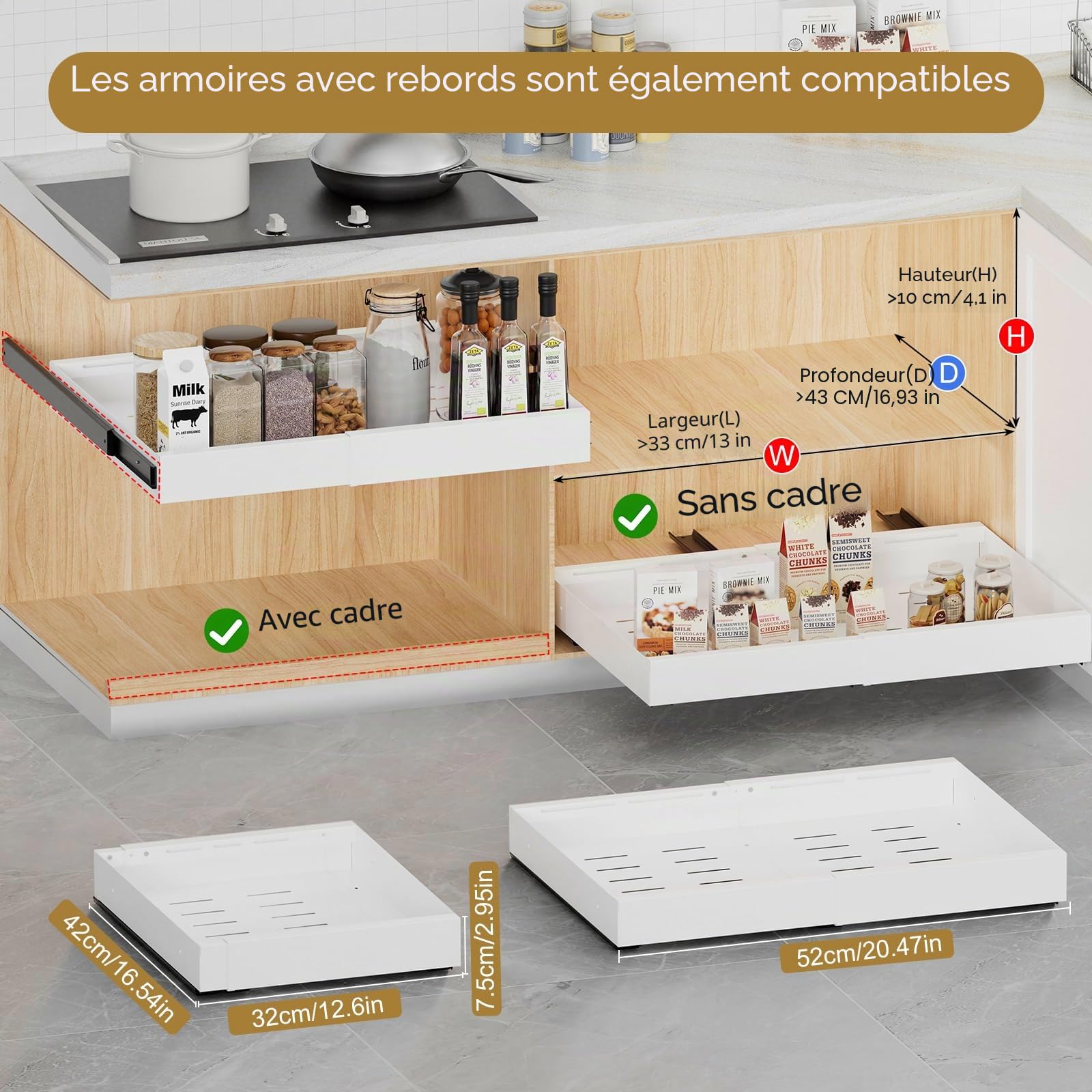 Tiroir Coulissant Cuisine 2 Pièce, Installation double améliorée, compatible avec tous les meubles de cuisine, Tiroir Télescopique Extensible à rail robuste améliorés de 32 à 52 cm