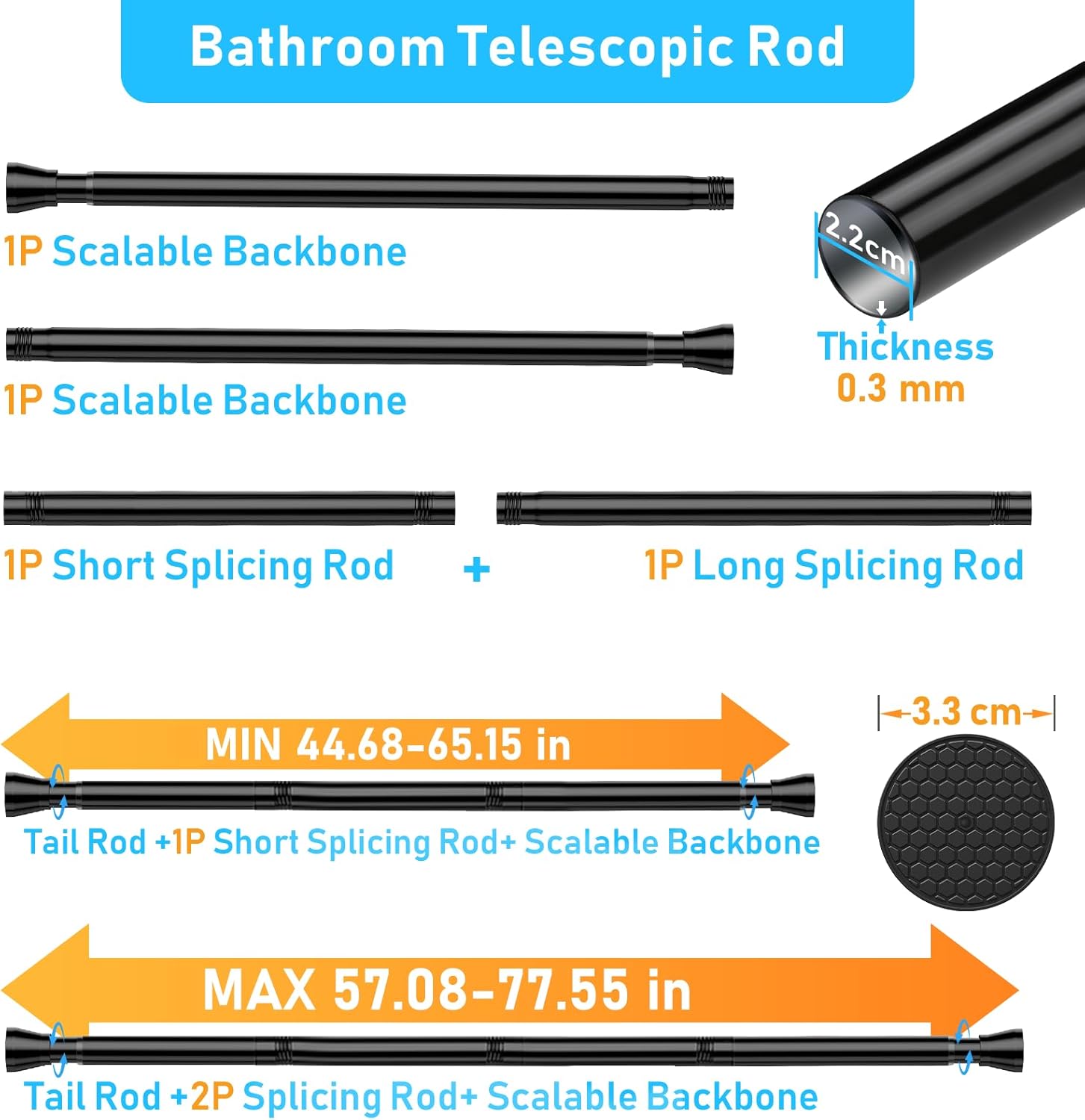 MEXAU Black Shower Curtain Rod 45 To 77 Inch Tension Shower Rod For Bathroom 7/8" Adjustable Spring Curtain Rod No Drilling Spring Curtain Rod Black Tension Curtain Rods for Windows Doorway Closet