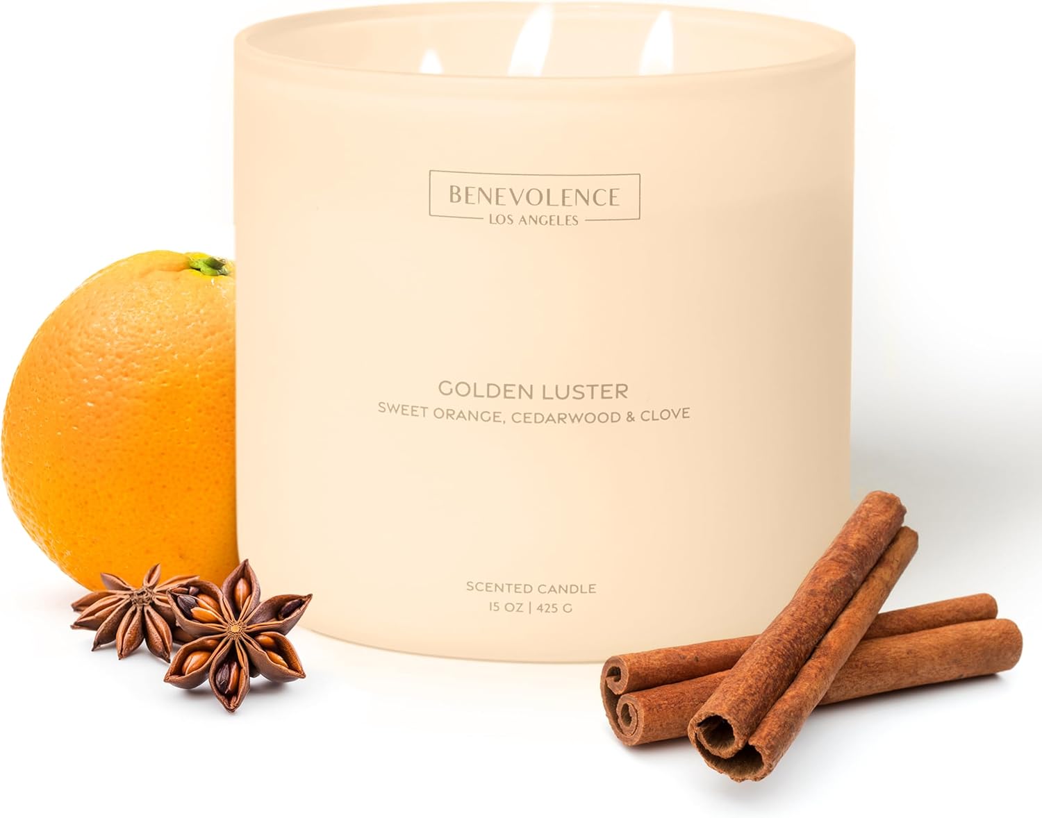 Benevolence La Golden Luster - 15oz Scented Candle and 3.4oz Room Spray Set | Orange, Cedarwood & Clove | Luxury Home Fragrance | Natural Wax, Linen Spray | Malibu Sands Collection