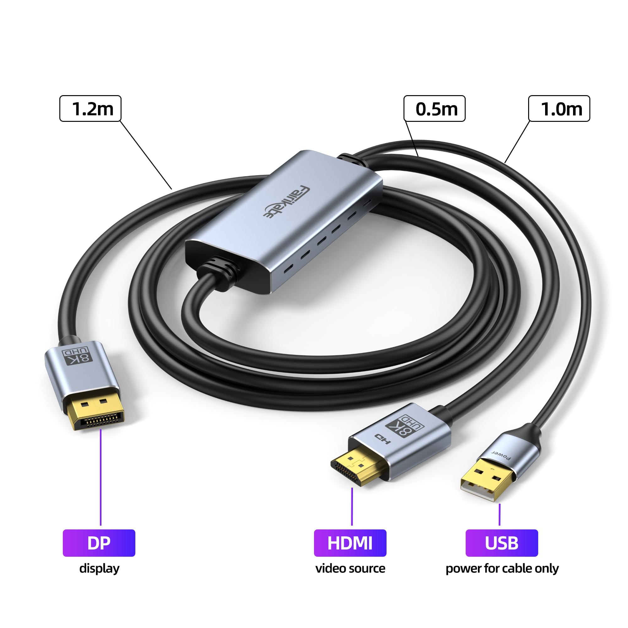 4K@144Hz HDMI 2.1 auf DisplayPort 1.4 Kabeladapter (1,8 m), 4K120Hz/8K unidirektionales aktives HDMI-Quellen-zu-DisplayPort-Monitorkabel, Konverter für Computer, PC, PS5, Xbox, Stecker auf Stecker