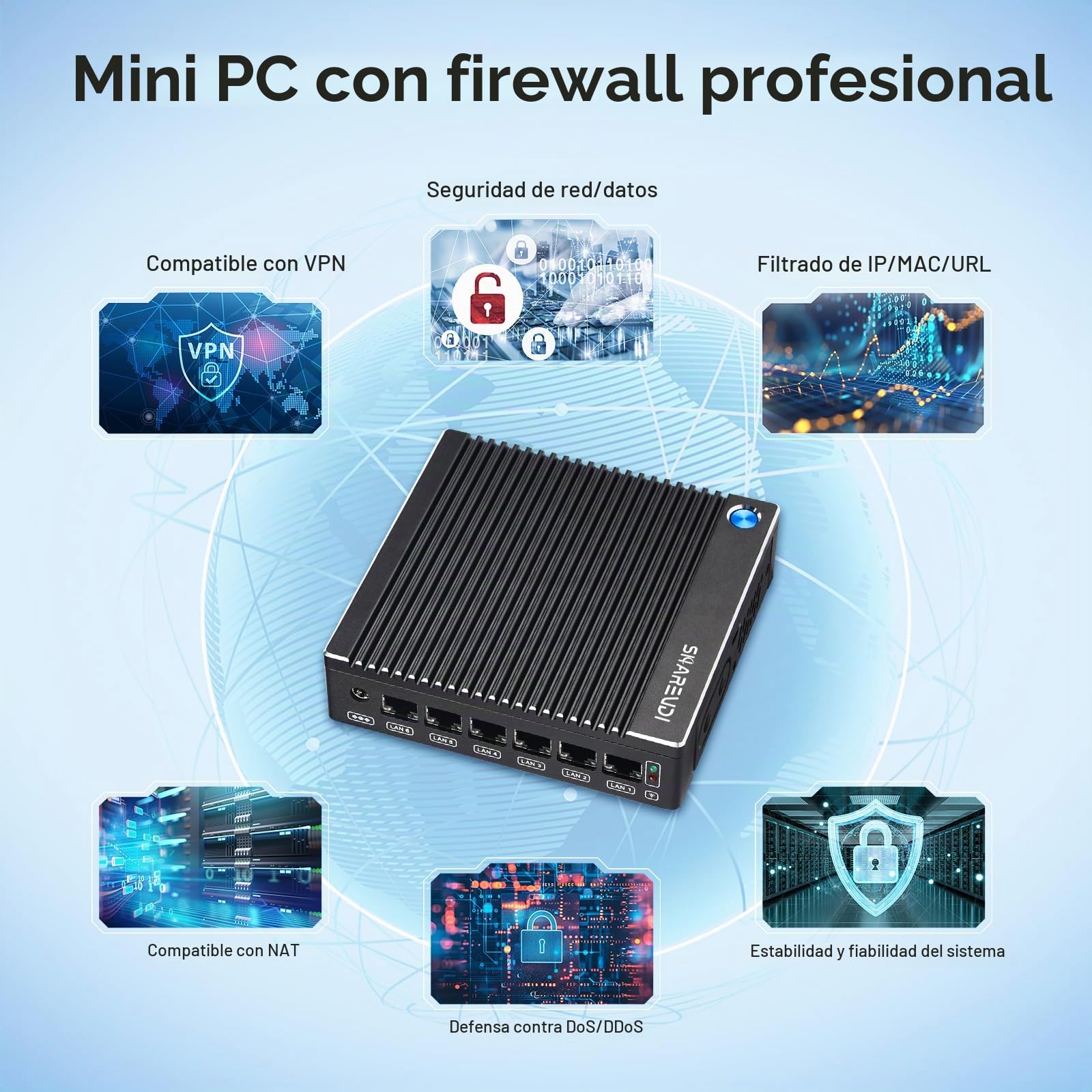 Fanless Firewall Mini PC Intel N3710 4C/4T 6X Intel i226 LAN, Network Gateway Soft Router, Test with PF-Sense/OPN-Sense AES NI HD/Type-C/SIM/TF/Wi-Fi (8G RAM 240G SSD)